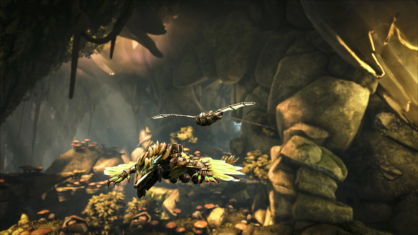Lichtmechaniek in ARK Aberration met glowpet in een bioluminescent paddenstoelenwoud