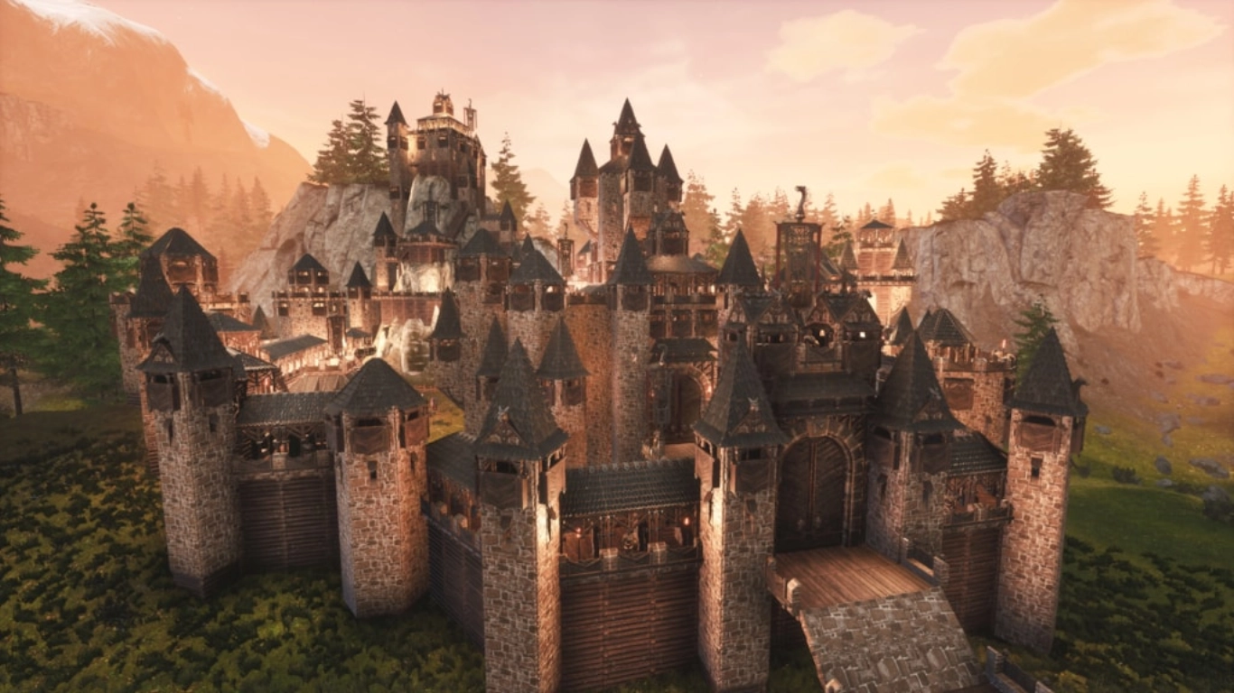Conan Exiles set de construcción de Nemedia con murallas de fortaleza y acentos dorados