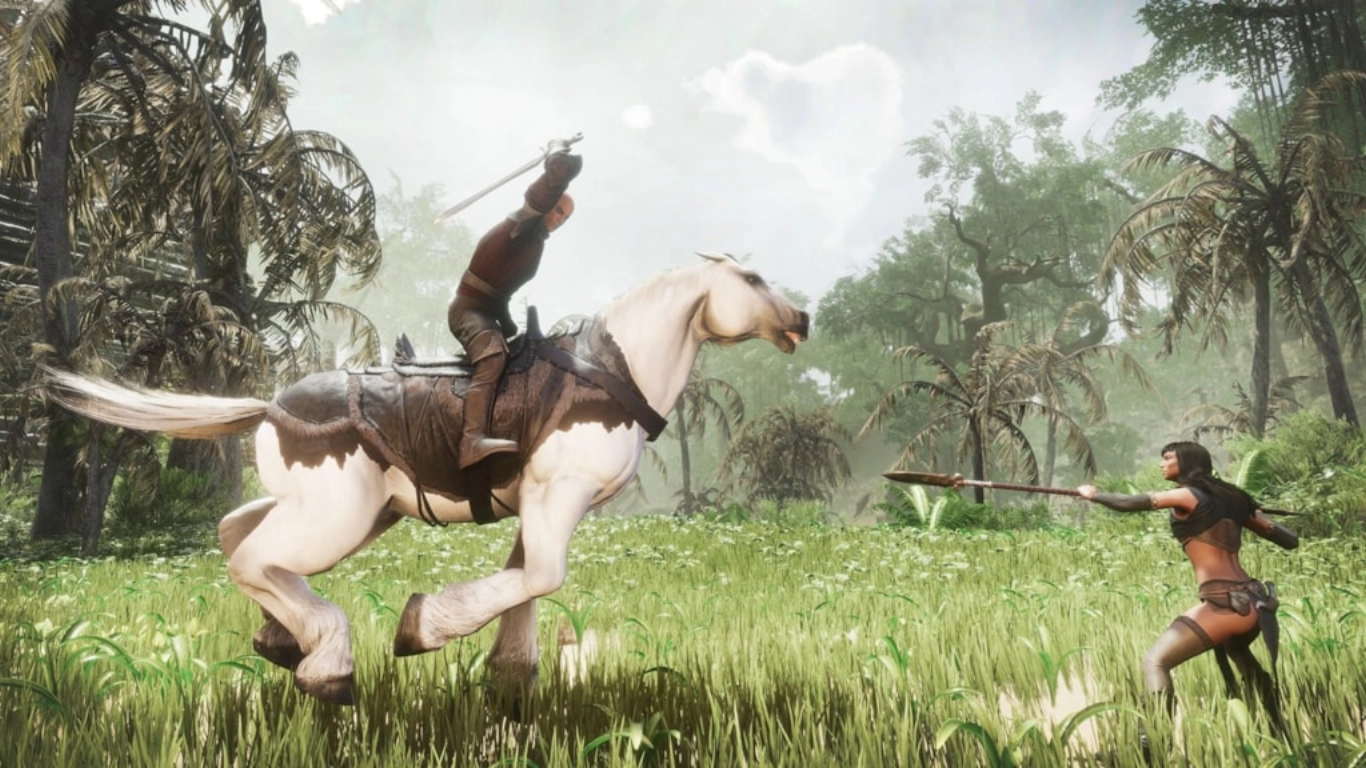Combate de caballería en Conan Exiles: embestida con lanza desde la montura