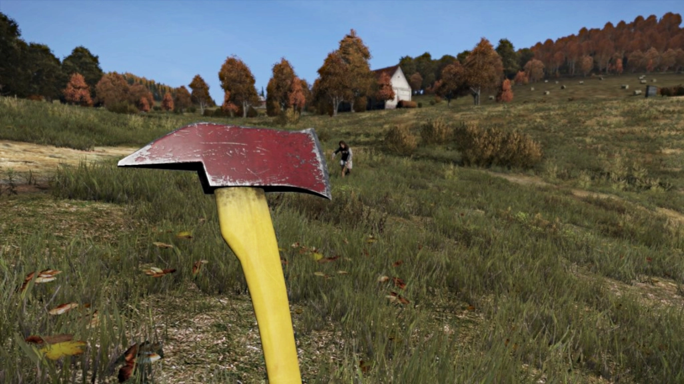 Um jogador em DayZ balançando um machado de bombeiro
