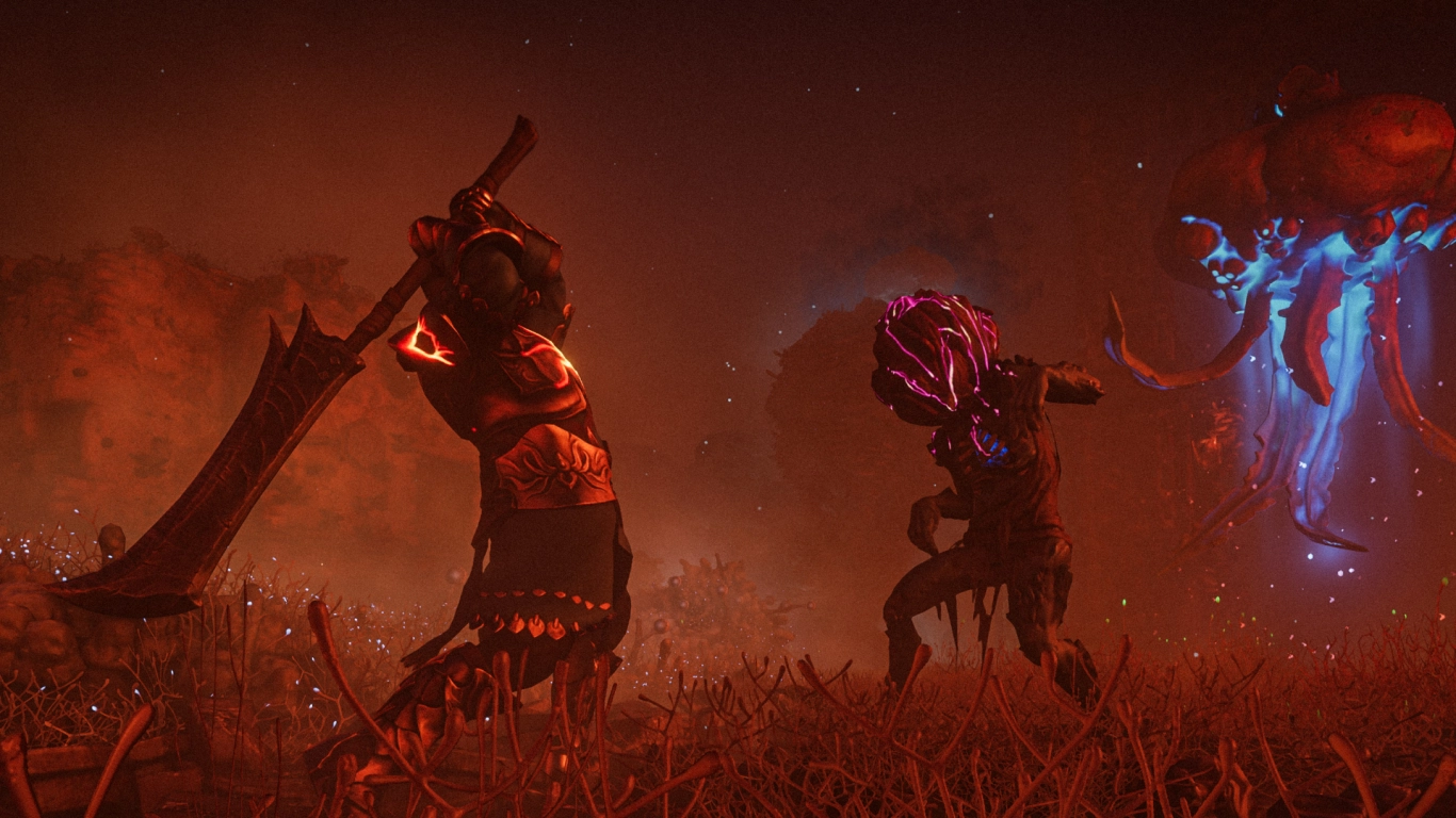 Build de tanque em Enshrouded com espada de duas mãos a lutar contra inimigos no Shroud