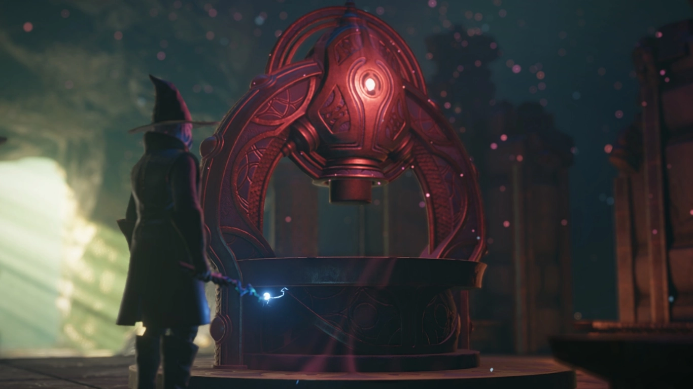 Mago de Enshrouded com varinha pequena diante de um santuário vermelho