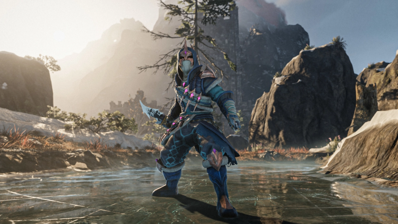 Assassino de Enshrouded com armadura azul e adaga sobre uma superfície gelada