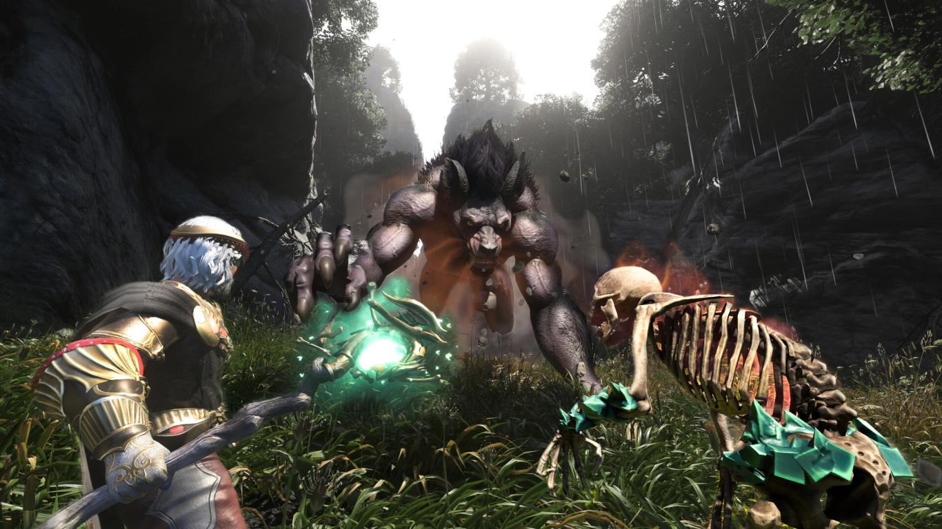 Mago de Enshrouded com cajado grande e esqueleto invocado a lutar contra um monstro