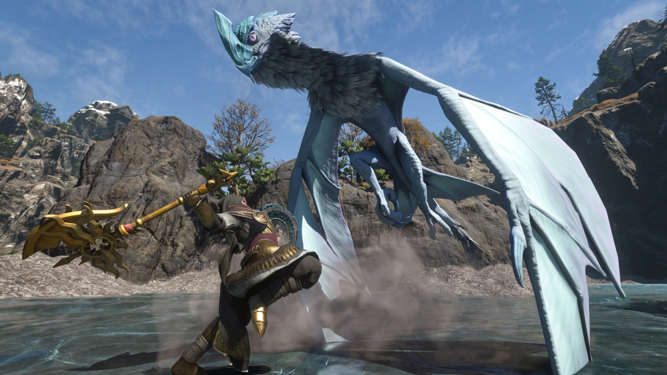 Guerreiro de Enshrouded com maça e escudo a lutar contra uma criatura voadora