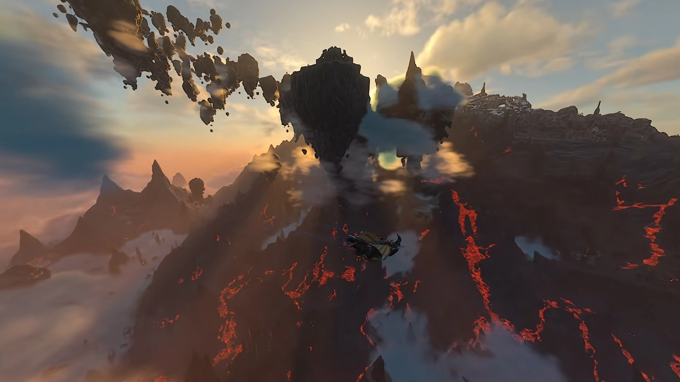 Enshrouded Cinder's Cradle Vulkangebiet mit schwebenden Inseln und Lavafeldern