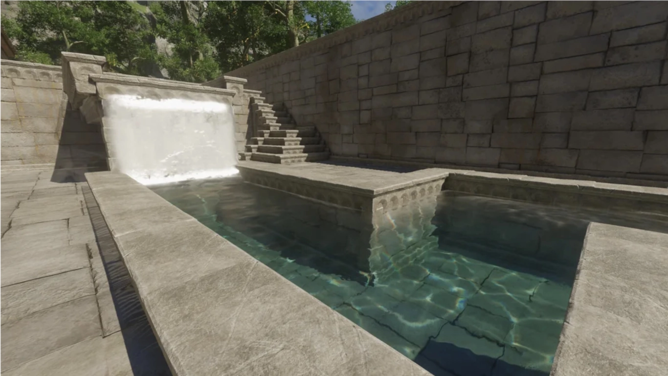 Physique de l’eau d’Enshrouded avec puits, rivières, étangs et moulins