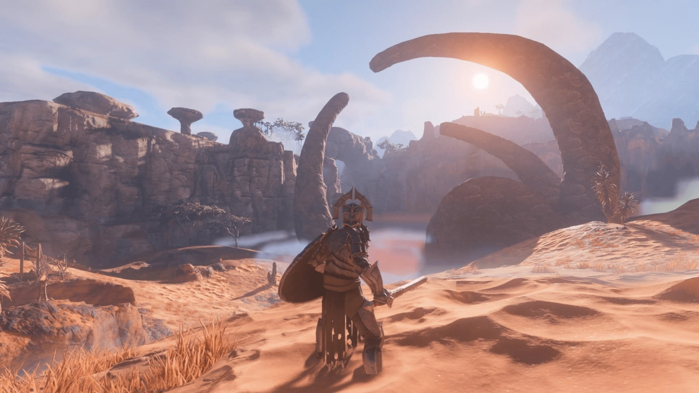 Enshrouded Nomad Highlands woestijnplateau met Vukah