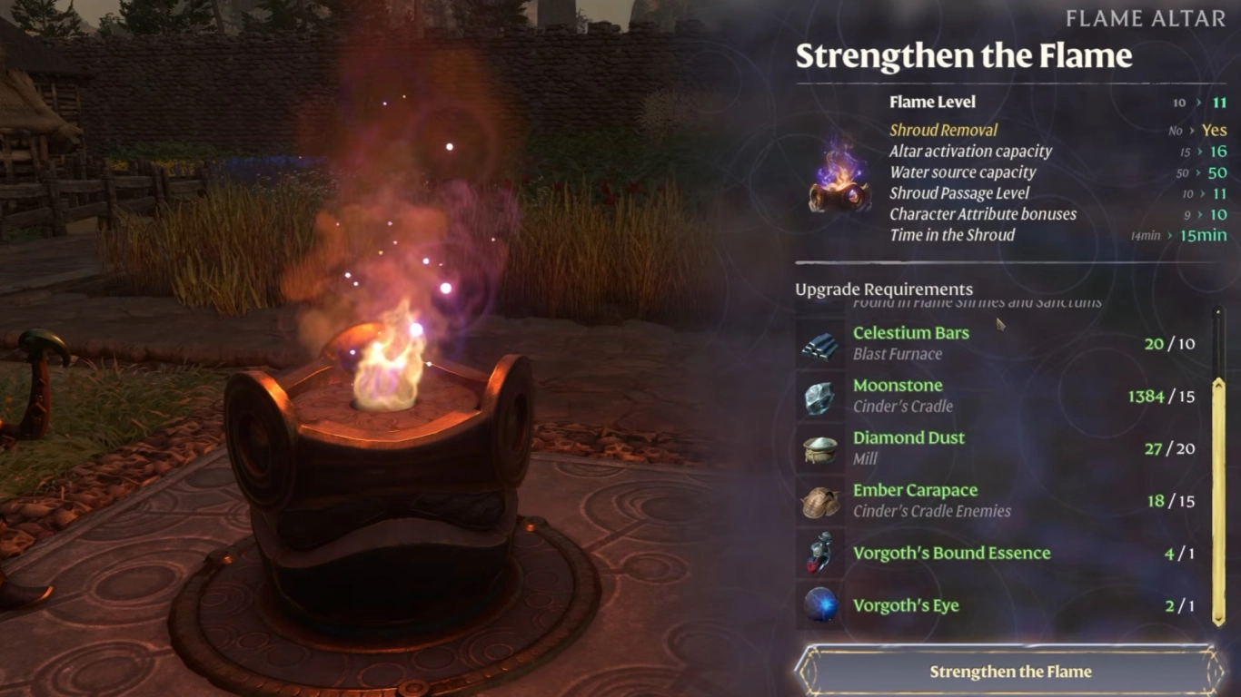 Enshrouded Flamme stärken für Shroud Boni, Attribute und längere Shroud Zeit