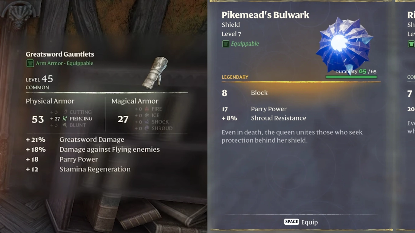 Equipo en Enshrouded: armaduras, escudos y atributos para builds cuerpo a cuerpo potentes