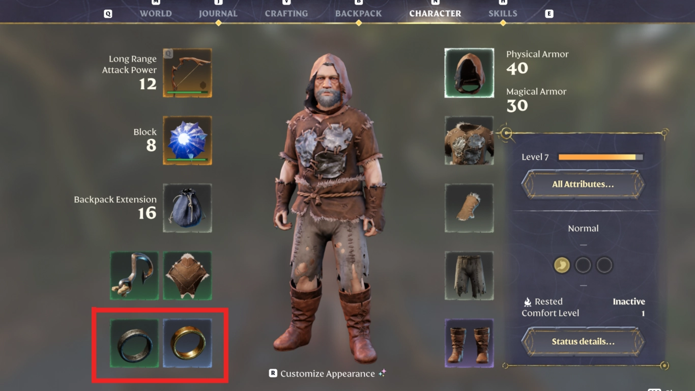 Enshrouded Inventar mit den zwei Ring-Slots unten links
