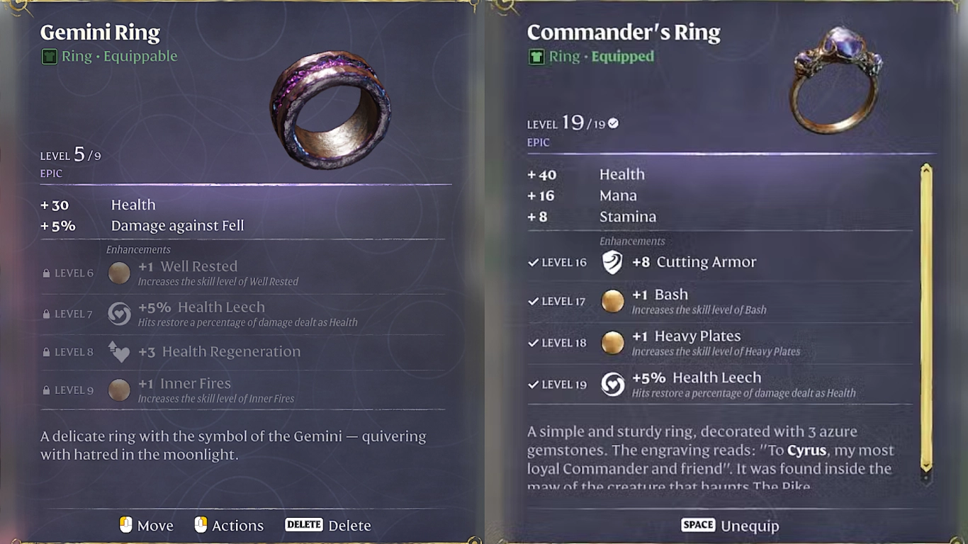 Enshrouded Zwillingsring und Ring des Kommandanten mit Werten und Upgrades