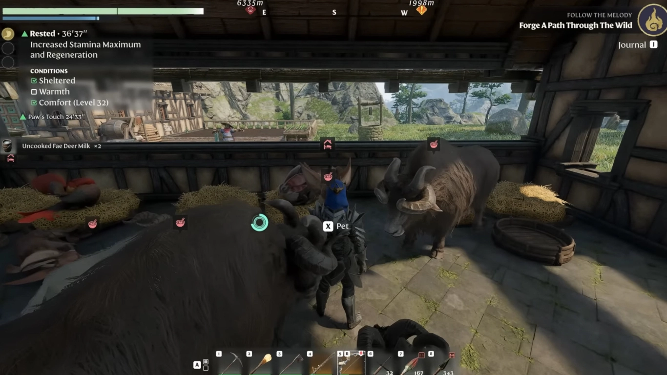 Construir um estábulo em Enshrouded com telhado, camas e comida