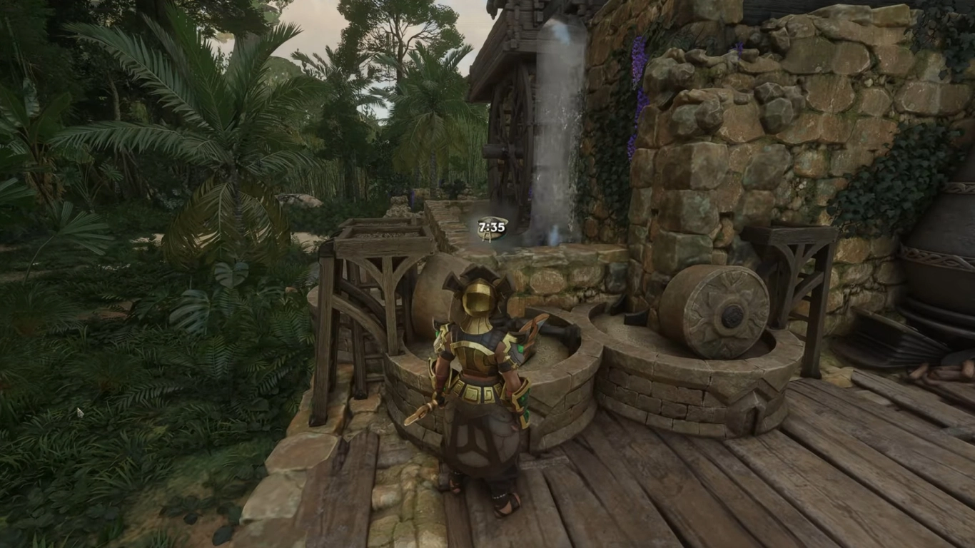 Moinho com roda de água em Enshrouded para pó de café e farinha de osso