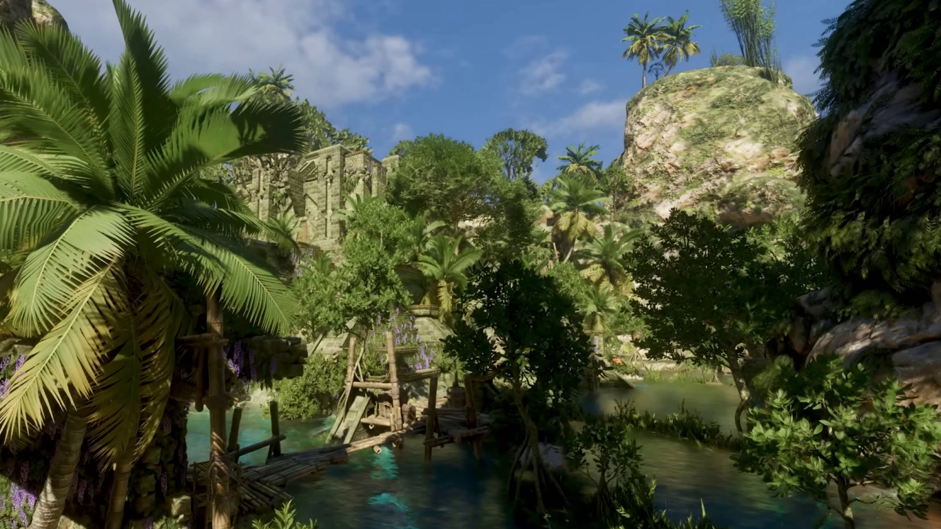 Veilwater Basin: tropisch biome in Enshrouded met water en jungle