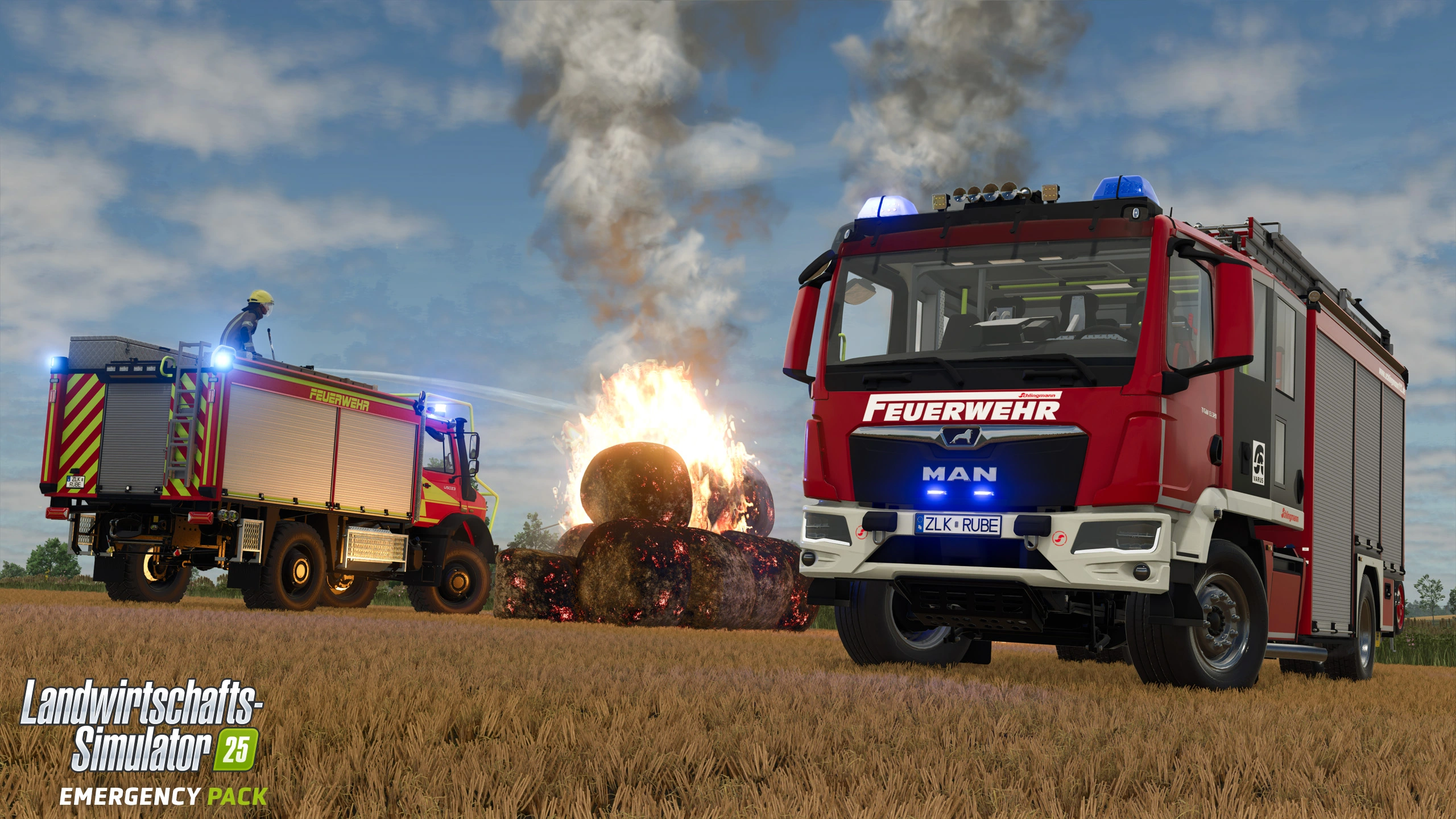 Intervento multiplayer con squadra dei vigili del fuoco nell’Emergency Pack di Farming Simulator 25