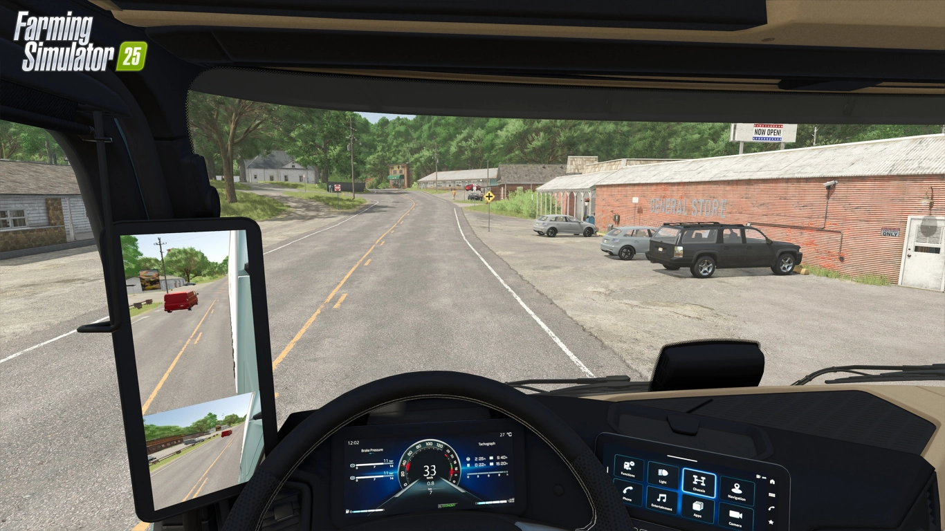 Farming Simulator 25 realistic truck driving physics and traffic in the Mercedes-Benz Trucks Pack