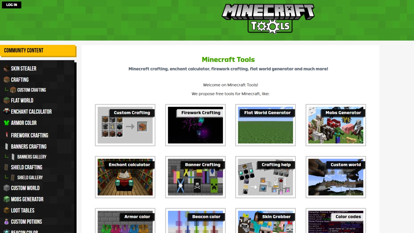 Captura de tela do site Minecraft Tools