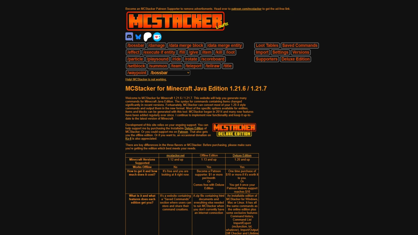 Captura de tela do site MCStacker