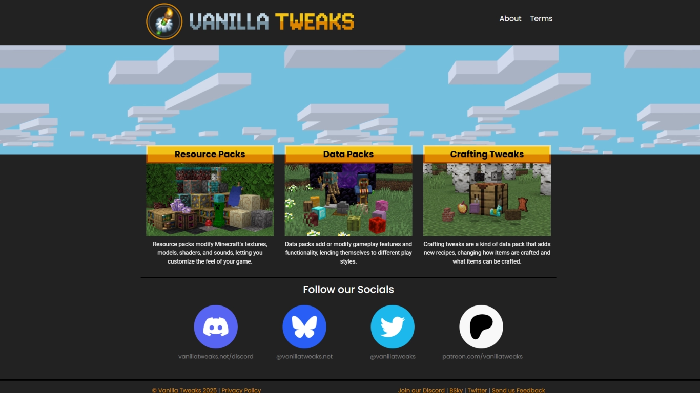 Captura de tela do Vanilla Tweaks