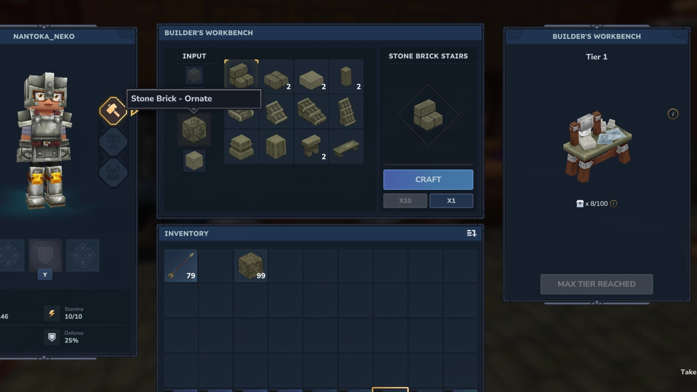 Hytale Builder's Workbench üzerinde çeşitli ağaç türleri ve taş çeşitleri