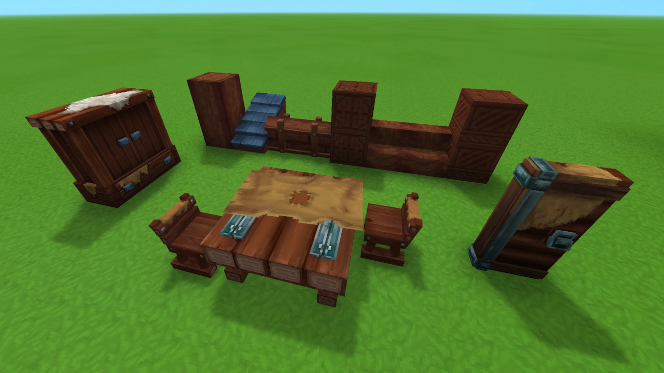 Hytale legno di Redwood: legname rosso con tetti e mobili blu