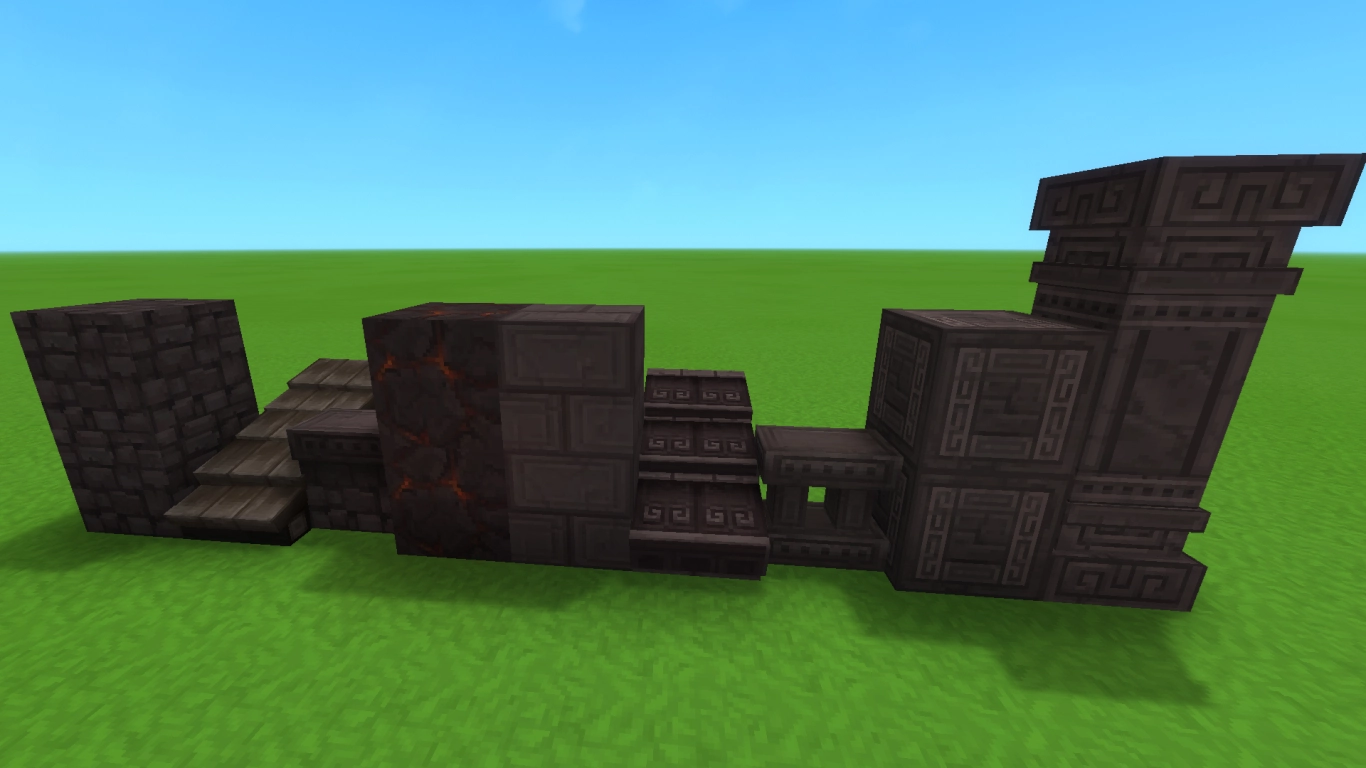 Hytale Volcanic Stone: blocchi scuri con decorazioni, tetti, recinzioni e colonne