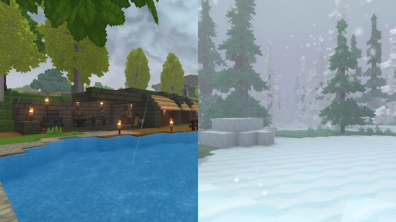 Hytale Wetter Effekte wie Regen Wind und Schnee mit Einfluss auf die Umwelt