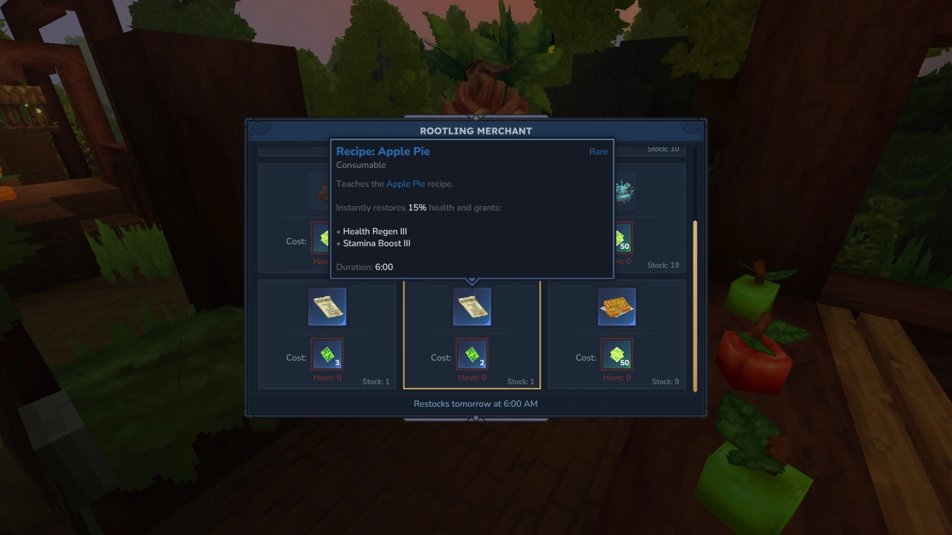 Hytale Rootling Merchant säljer recept mot Essence of Life