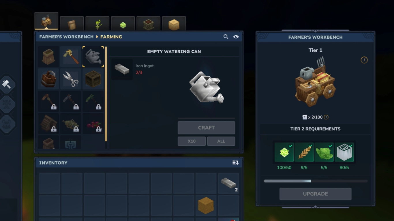 Farmer's Workbench in Hytale with tools and recipes