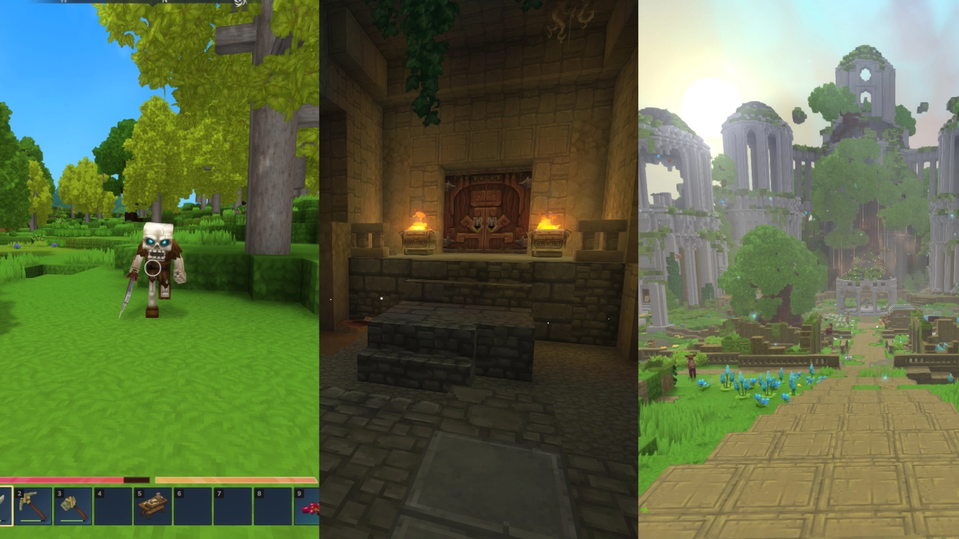 Hytale Startgebiet mit kleinem Tempel und erste Ressourcen sammeln