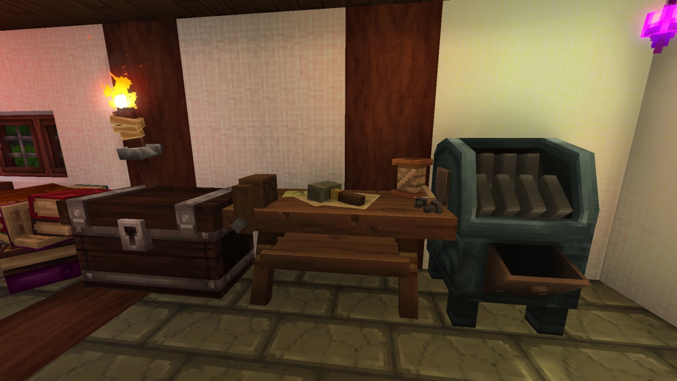 Hytale Workbench numa casa com ferramentas básicas e mochilas