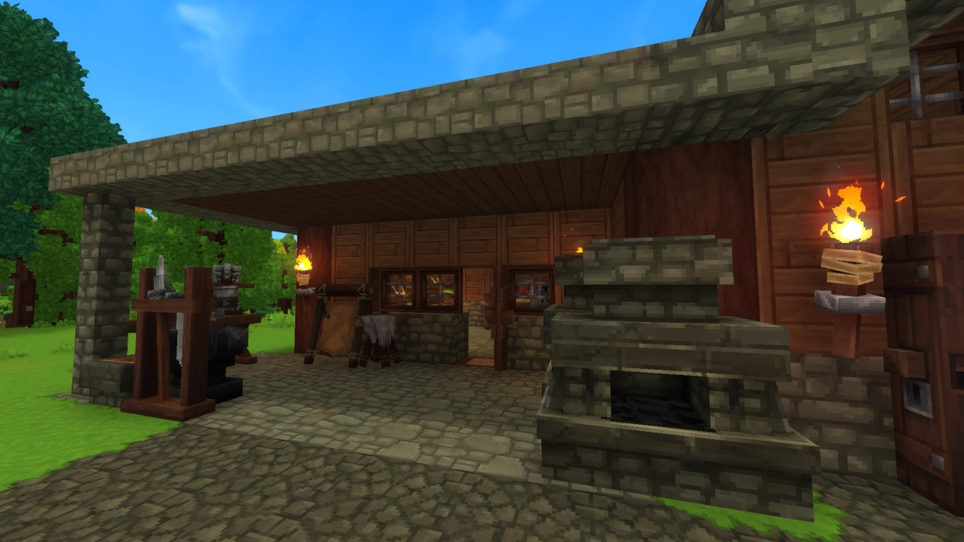 Forja de Hytale com forno, Armorer's Workbench e Blacksmith's Anvil para derreter minérios