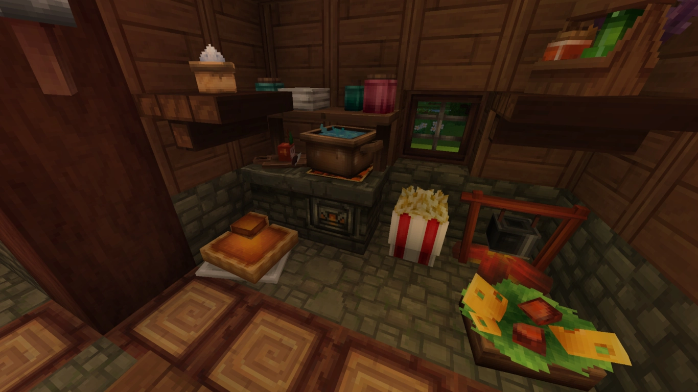 Cozinha de Hytale com Chef's Stove, mantimentos e ingredientes