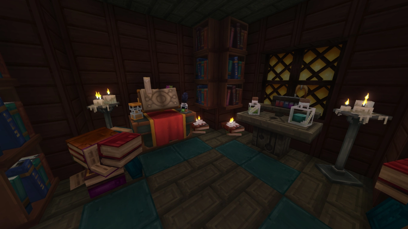 Torre de mago de Hytale com Alchemist's e Arcanist's Workbench para feitiços, poções e portais