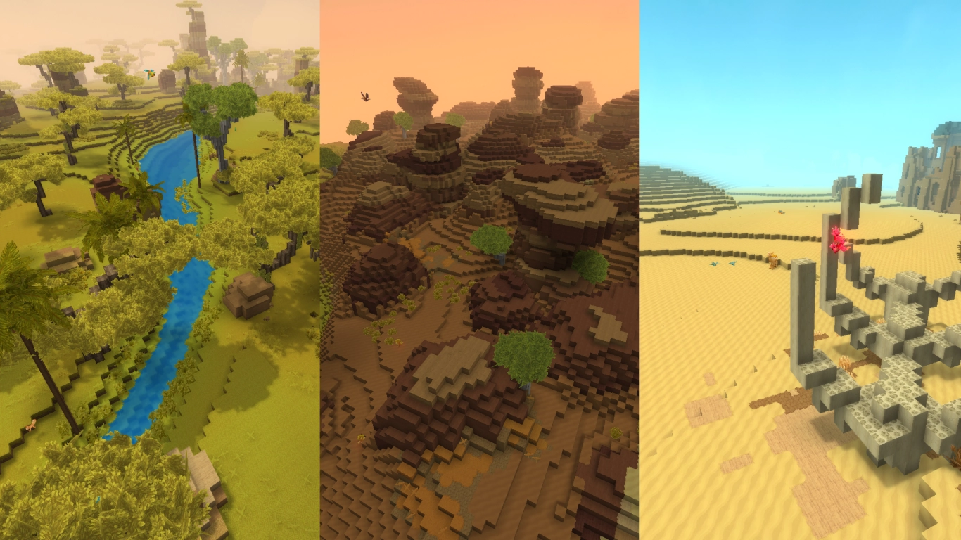 Hytale Howling Sands Golden Steppes savann med floder och palmer