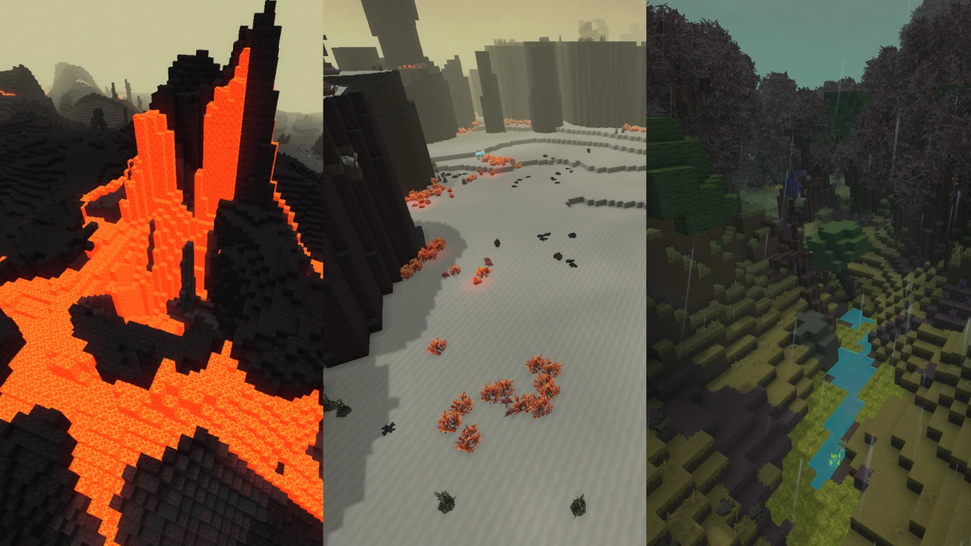 Hytale Zone 4 Devastated Lands with basalt cliffs and lava