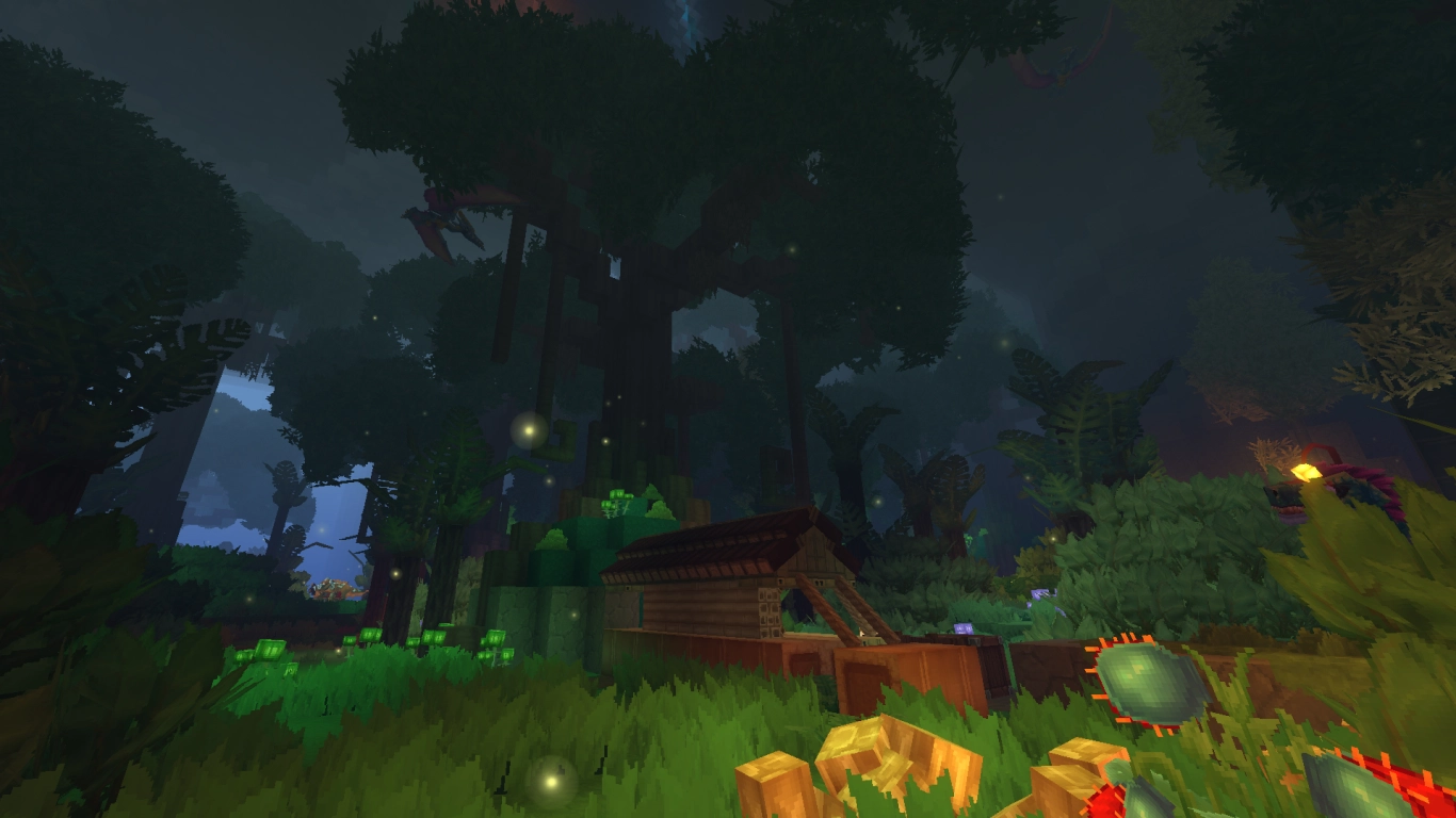 Underground jungle in Hytale Zone 4 with crystals and dinosaurs