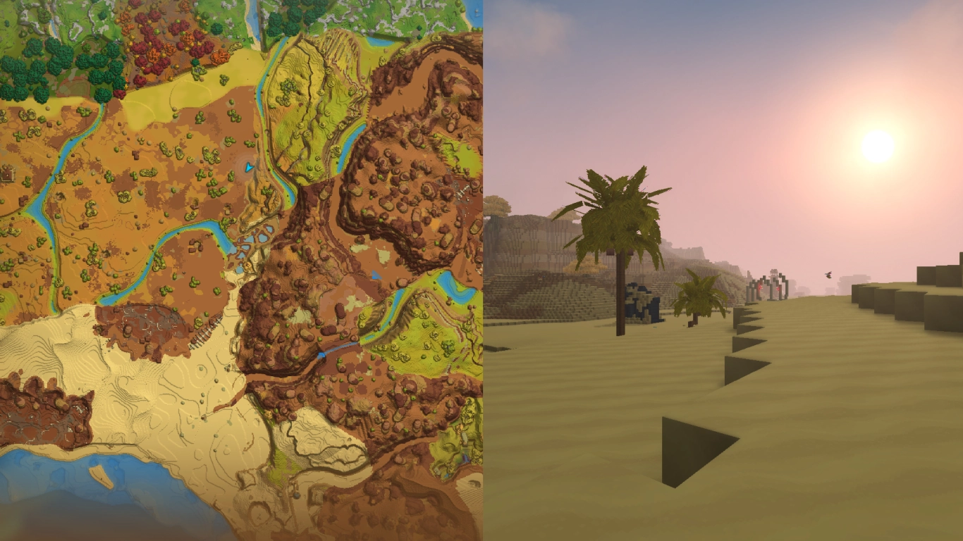 Hytale Zone 2 Howling Sands with sand dunes, oases, and dangerous insects