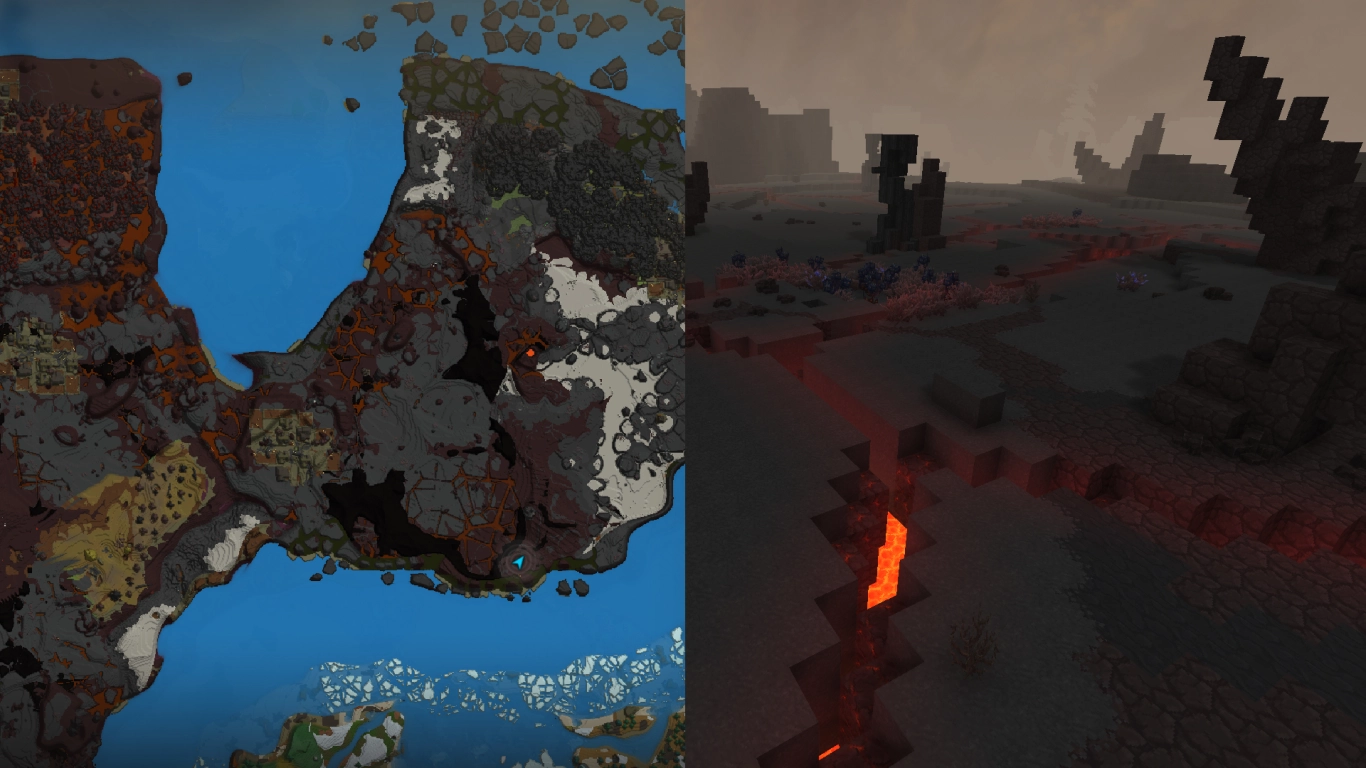 Hytale Zone 4 Devastated Lands with lava flows, ash fields, and hidden jungle