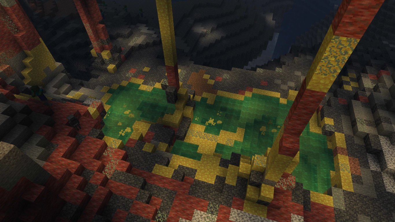 Grottes sulfurées dans Minecraft avec blocs de soufre jaunes et blocs de cinabre rouges dans Chaos Cubed 26.2