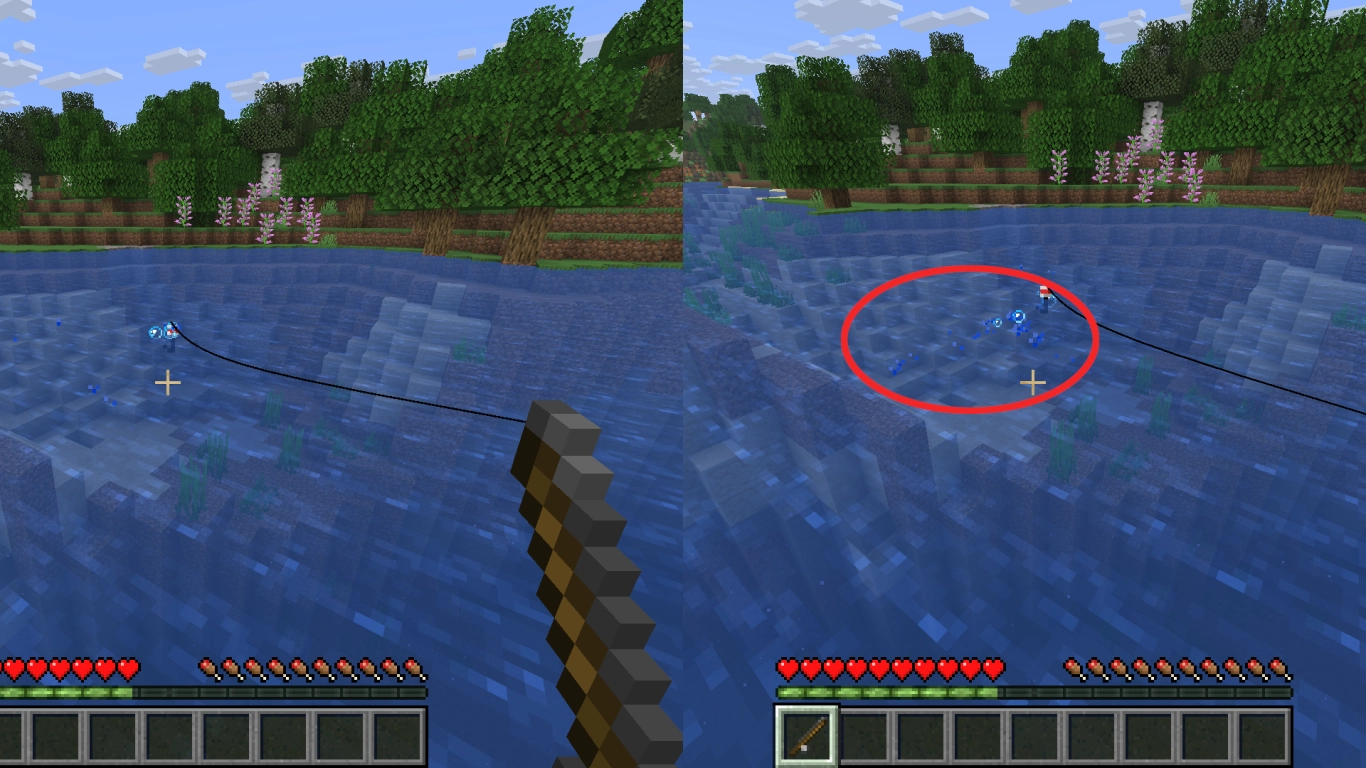 Fondamenti della pesca in Minecraft: canna da pesca e galleggiante in acqua
