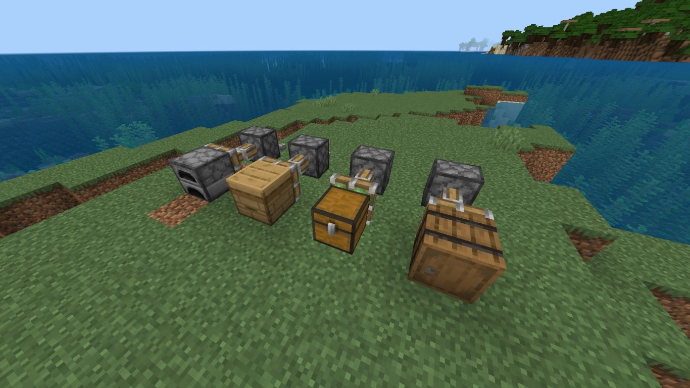 Minecraft Bedrock redstone with pistons moving chests and interactive blocks
