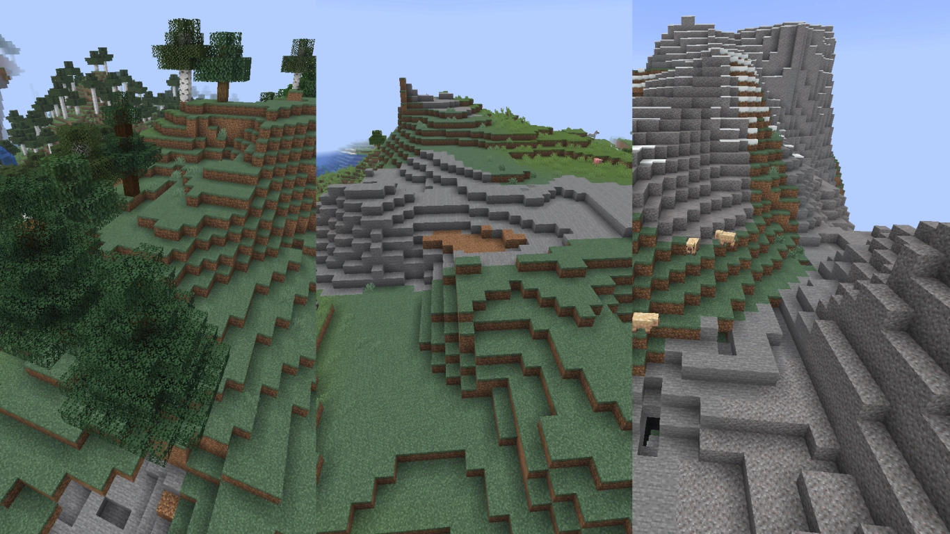 Minecraft zerzauste Hügel und Wälder mit freiliegenden Erzen in Berg-Biomen