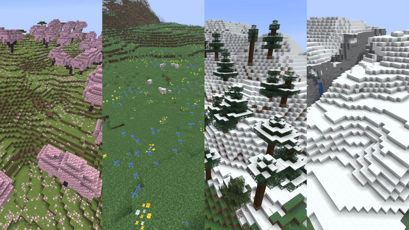 Minecraft Kirschblütenwald und verschneite Hänge als Übergangsbiome mit Puderschnee
