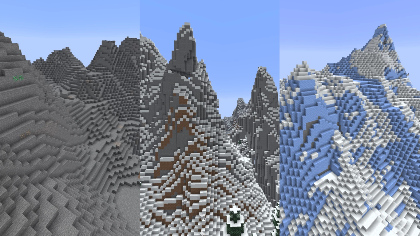 Minecraft hohe Berggipfel mit Schnee Eis und Ziegen sowie Smaragd-Vorkommen