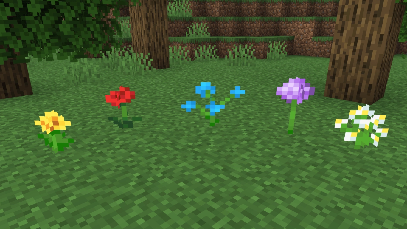 Minecraft kleine Blumen Übersicht mit Löwenzahn, Mohn und Blauer Orchidee