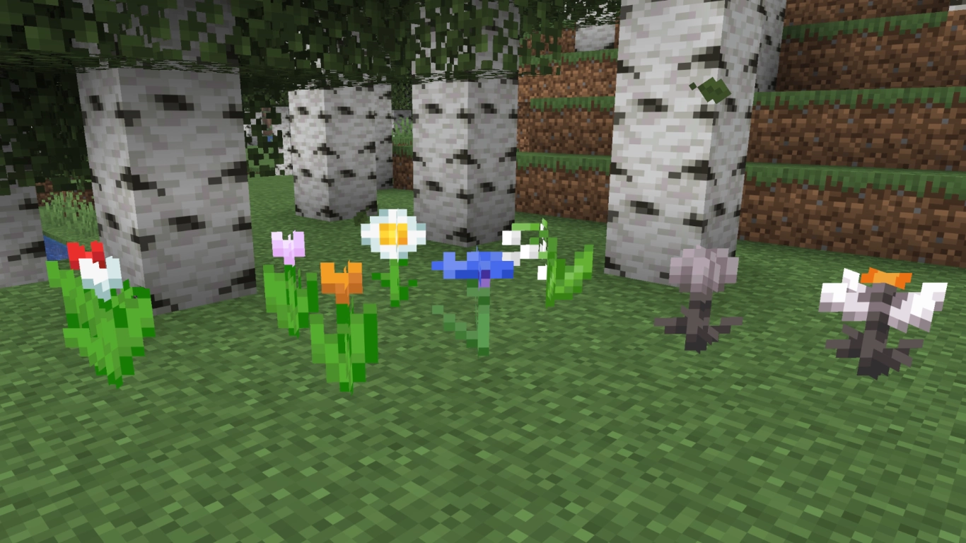 Minecraft Blumen Porzellansternchen, Tulpen, Margerite, Kornblume und Maiglöckchen in der Übersicht