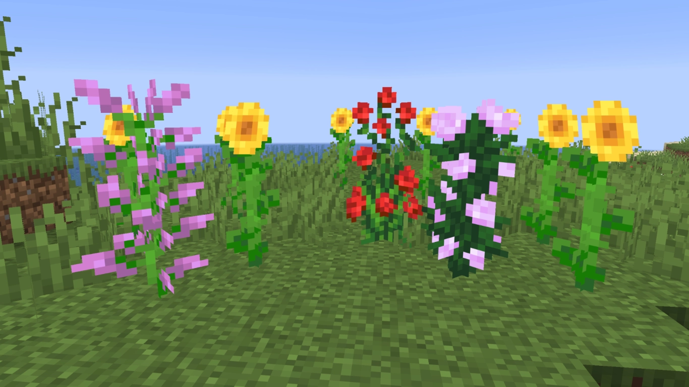 Minecraft große Blumen mit Sonnenblume, Flieder, Rosenstrauch und Pfingstrose