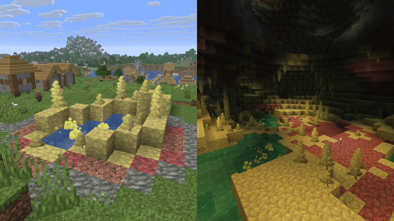 Svavelgrott-biom i Minecraft 26.2 med gula och röda stenar samt varma källor